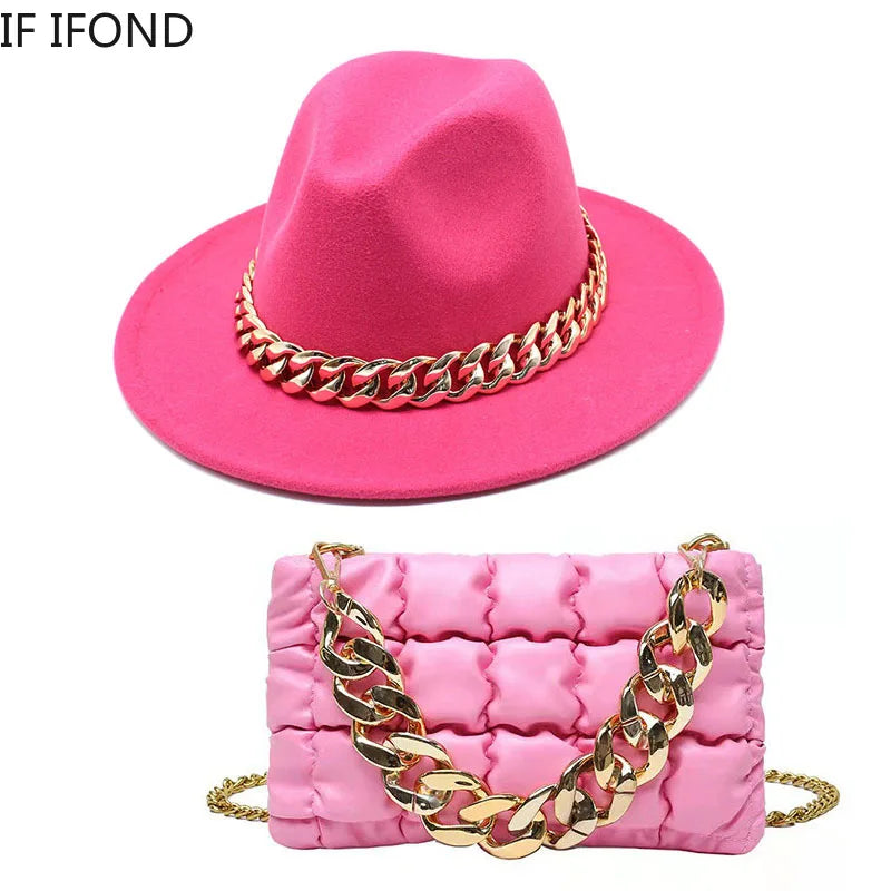 Women Oversized Chain Accessory Bag And Fedoras Hat 2-piece Sets Fashion Luxury Party Wedding Jazz Hat