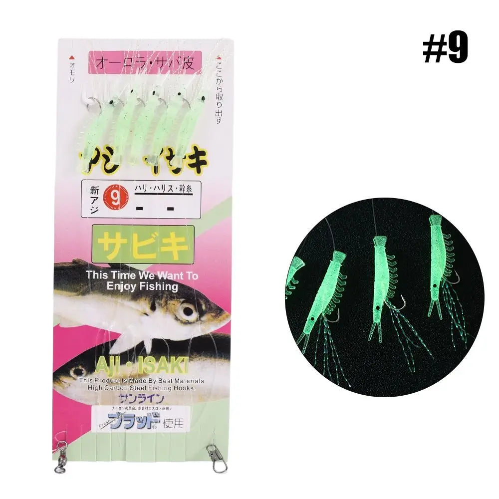 Anti-Winding Glowing String Hook Luminous Soft Shrimp Fishing Hook Mackerel Feathers Night Fishing Simulated Fish Skin String Hook Soft Bait For Lake River Sea Boat Fishing Accessories