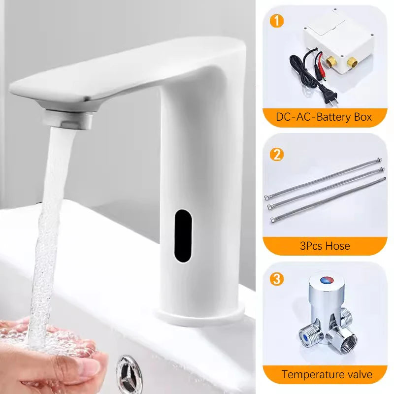 NEW 3 Colors Automatic Sensor Touchless Bathroom Faucet, Modern Basin Faucet for Sink 1 Hole, Waterfall Single Hole Bathroom Sink Faucet Home Bathroom Kitchen Washing Accessories