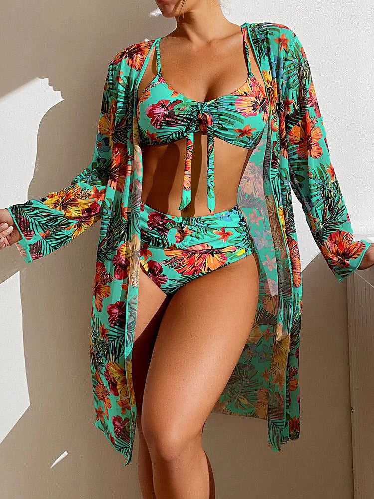 NEW!!! Sexy High Waisted Bikini Three Pieces Floral Printed Swimsuit Women Bikini Set With Mesh Long-Sleeved Blouse Size S-3XL