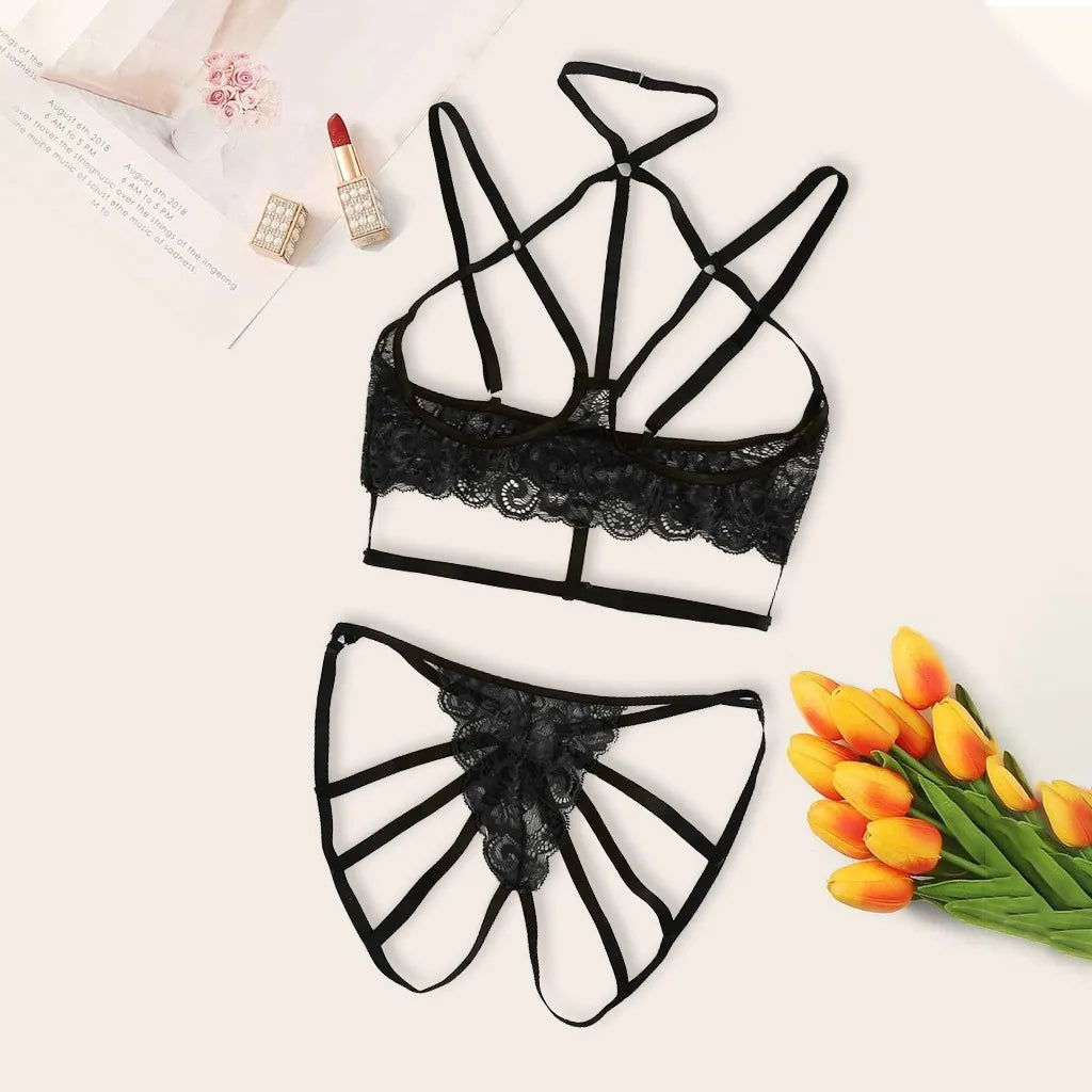 Lace Up Bandage Crotch Lingerie Set For Women Plus Size Lace Bra Set Underwear Set Black Hollow Sleepwear Sexy Lingerine Outfit
