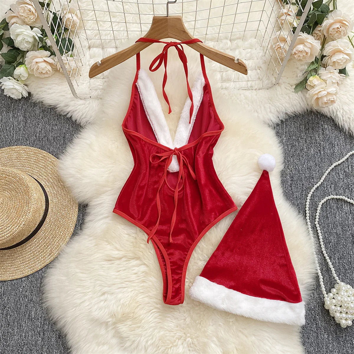 NEW Red Christmas Sexy Lingerie Cosplay Rabbit girl Jumpsuit Belt Women New Backless Hollow Out Lace-up Bodysuit Sweet