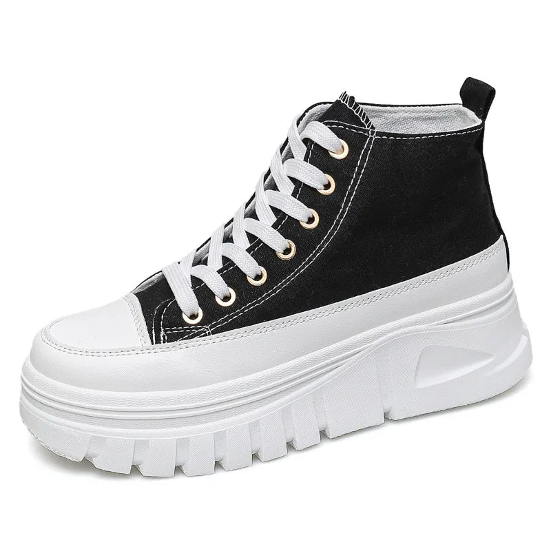 New Women Lace-Up Front High Top Platform Canvas Shoes Fashion Casual Comfortable Height Increasing Sneakers