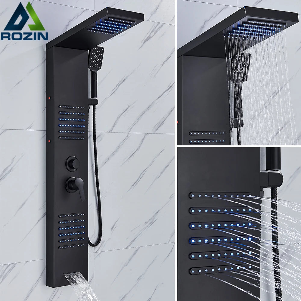 Silver Nickel and Black Color Luxury Massage Spa Shower Column LED Lights Rainfall Bathroom Faucet with Massage Jet Bath Panel System  5 Modes Waterfall Hot Cold Mixer Tap Home Hotels Bathroom Supplies