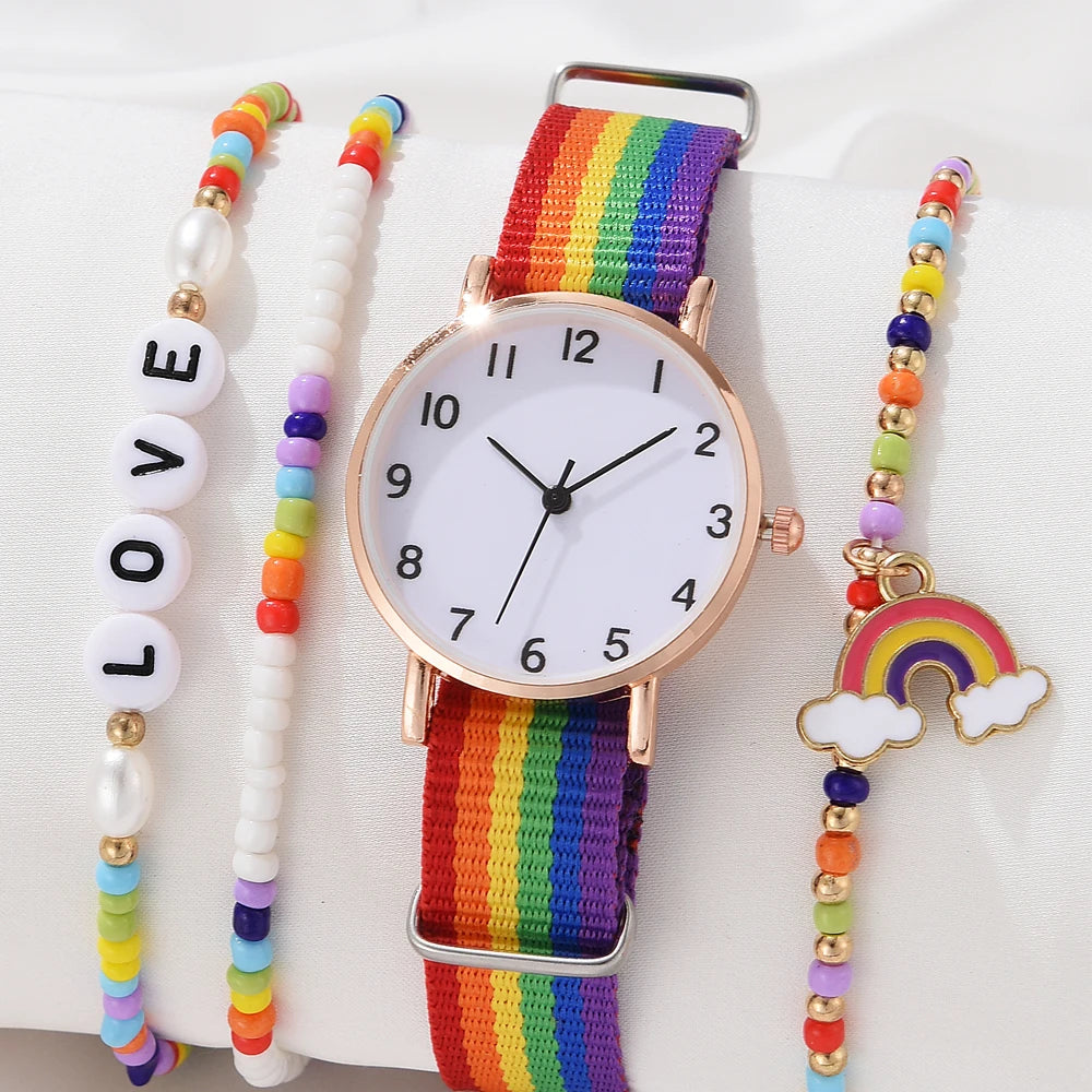 Fashion Luxury Women's Quartz Watches Ladies Rainbow Color Fabric Belt Wristwatch For Women Stylish Dress Reloj Mujer