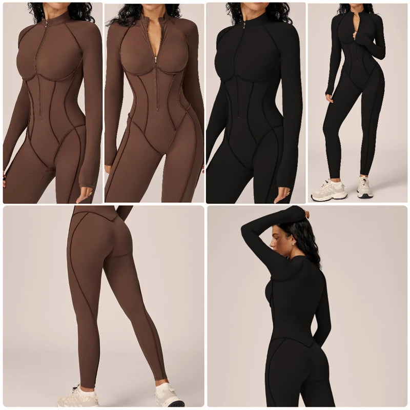 5 Colors Women's Running Onesie Athletic Romper Pants Long Sleeve Zip Up Hiking Outfits One Piece Workout Bodycon Jumpsuits emale Sports Apparel Supplies