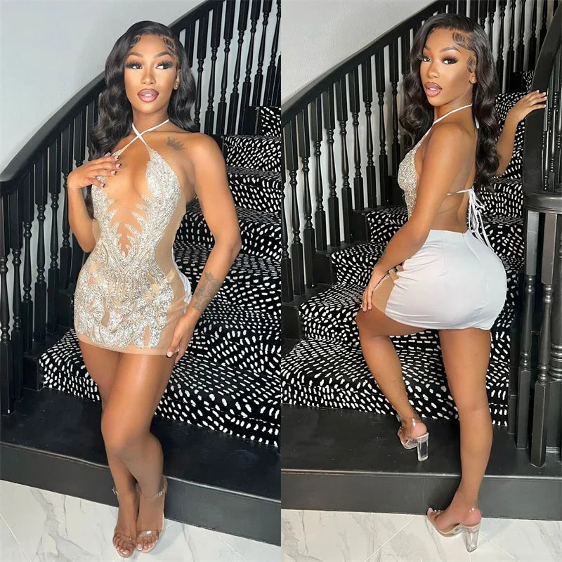 NEW Arrivals Diamonds Rhinestone Evening Party Birthday Dress for Women Night Club Mesh See Through Halter V-Neck Backless Sexy Bodycon Mini Dress