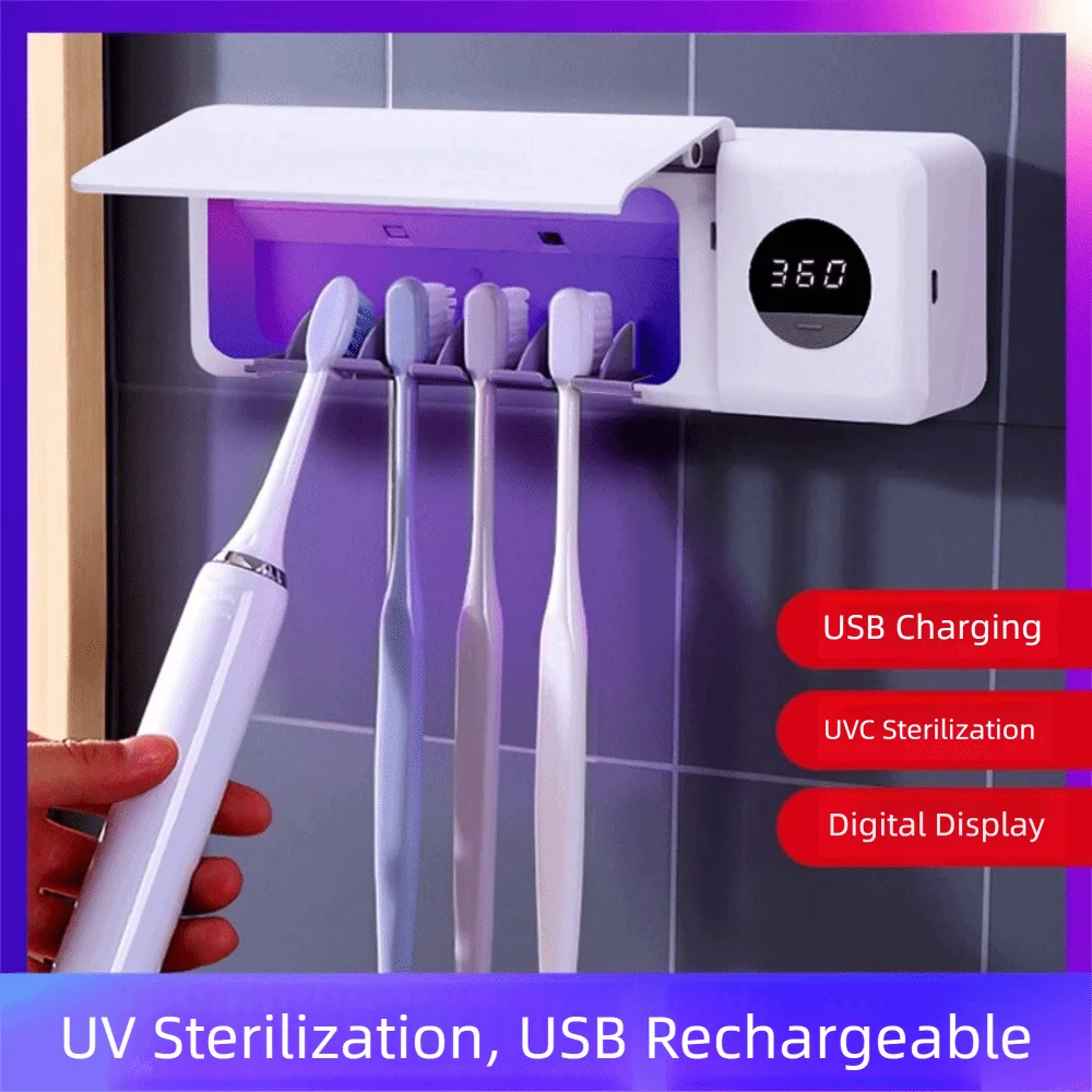4 Slots UV Sterilization Toothbrush Holder Intelligent Sterilization No Punch Smart Toothbrush Rack Digital Display Rechargeable