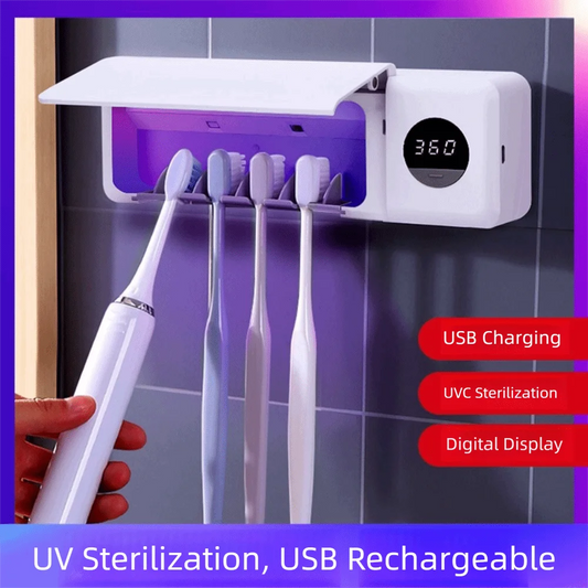 4 Slots UV Sterilization Toothbrush Holder Intelligent Sterilization No Punch Smart Toothbrush Rack Digital Display Rechargeable