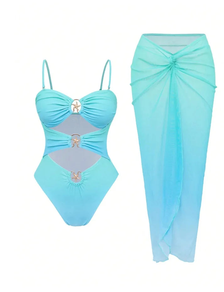 2 PCS Set 3 Colors Sexy Swimsuit Women's Bathing Suit Strap Net Skirt Integrated Swimwear with Skirt Cross-Border Summer Beach Swimsuit Apparel Sets