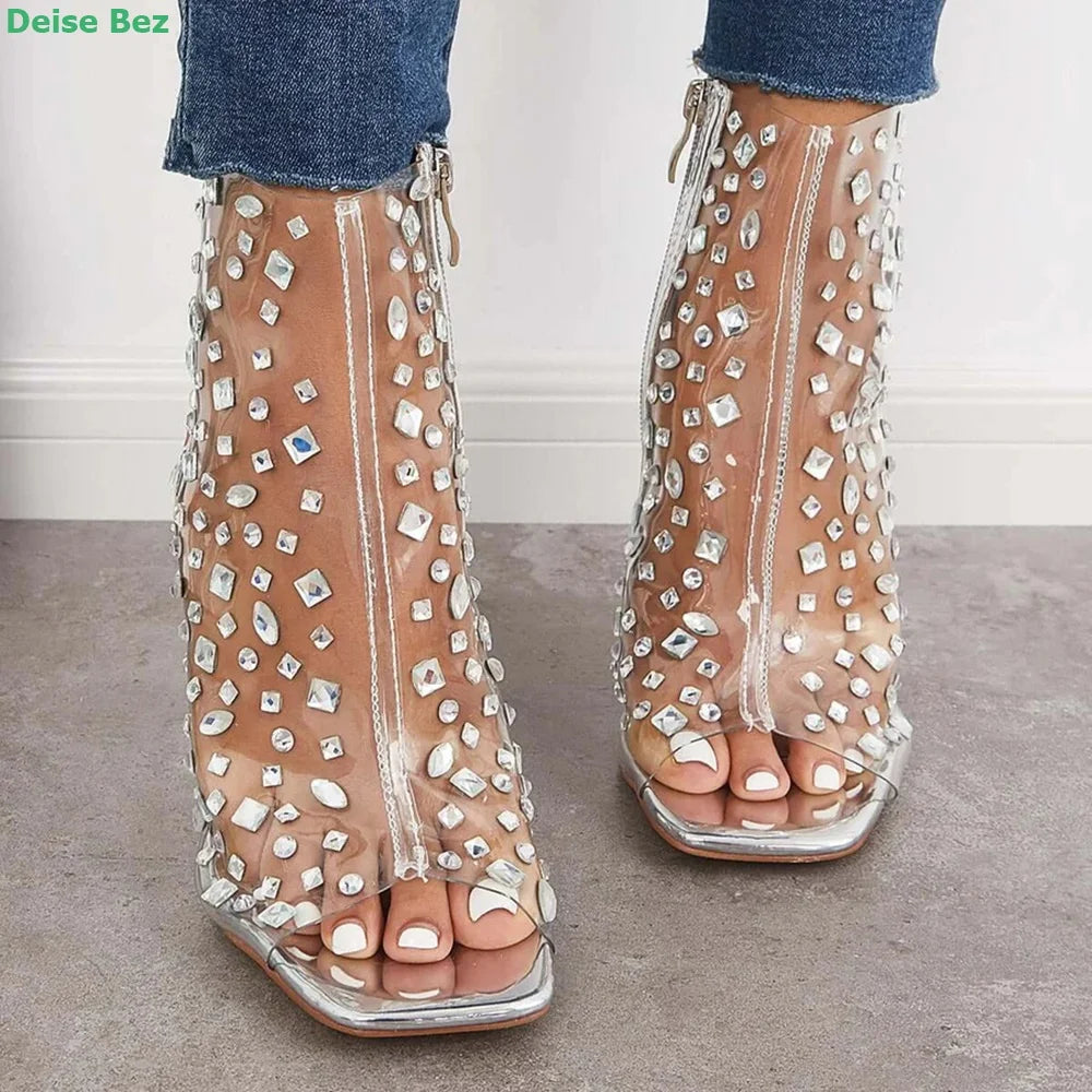Clear PVC Peep Toe Boots Slingback Zipper Rhinestone Transparent  Ankle-high Thin High Heel Fashion Spring And Autumn Shoes