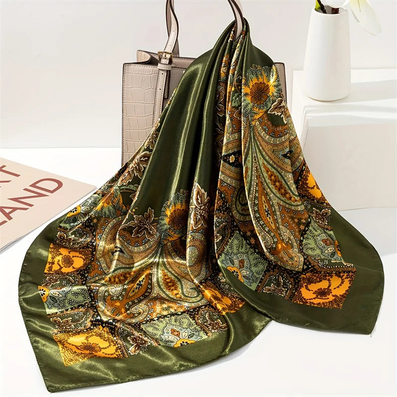 New 90x90cm 18 Colors Silk Shawl Satin Square Scarf For Women Paisley Neckerchief Female New Headband Hair Bands Print Foulard Hijab Wraps Bandana Women Apparel Accessories