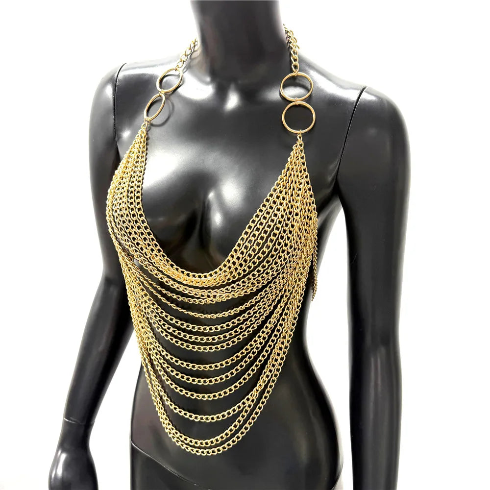 Gold/Silvery Color Backless Women's Sexy Tanks Tops  & Camisole Metal Chain Tassel Top Y2k Clothes Halter Neck Sexy Tops Sexy Woman Clothing Crop T-Shirt Cami