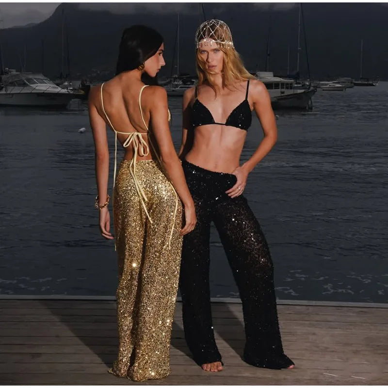 2 PCS Set 3 Colors UK Size Sexy Sequined Bikini Pants Set Women Sleeveless Backless Halter Cropped Top Wide Leg Pant  Summer Evening Beach Holiday Party Suit