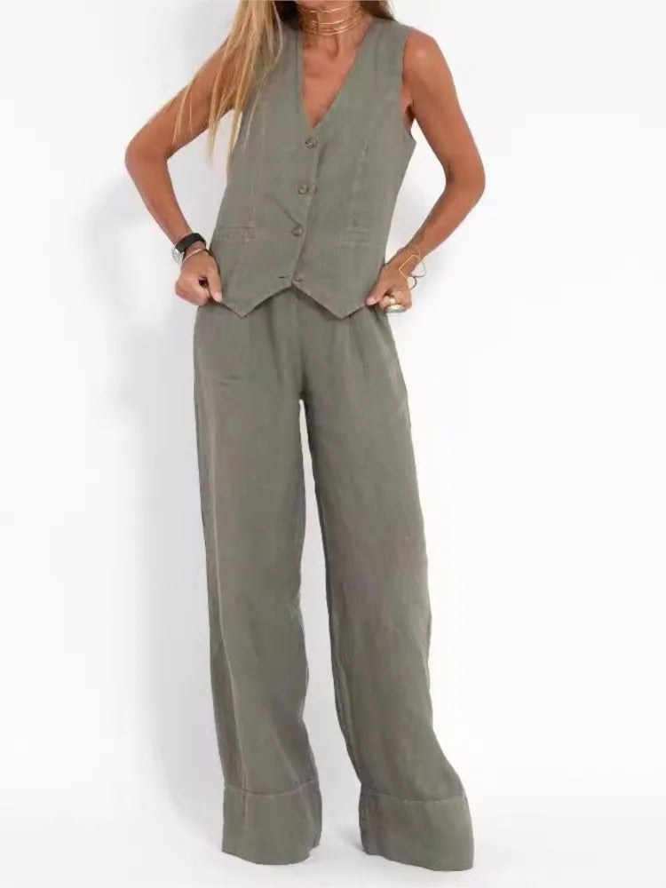 NEW Arrivals 2PCS Set S-2XL UK Size Women's Clothing Spring Summer New Fashionable Vest Pants Collage Splicing Pure Sleeveless Color Temperament Casual Suit