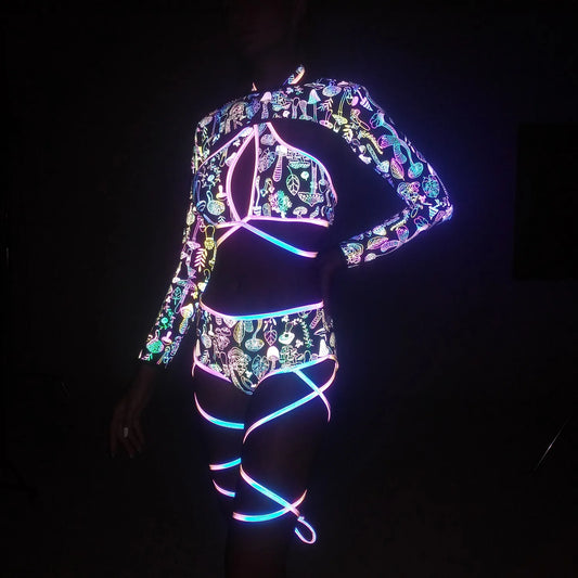 NEW Harajuku Rave Party Music Festival Night Clubwear Dancing Luminous Flashing Glowing Suit Set Fashion Women Colorful Reflective Set Bandage Shorts+Bra+Crop Top Tech Wear Fashion Clothing Supplies