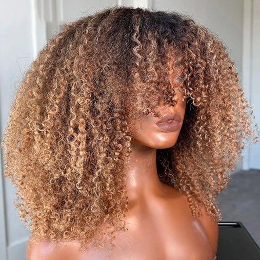 NEW Blonde and Afro Kinky Curly Bob 8-16Inc 180-250 Density Wig Human Natural Hair Machine Made Glueless Wig With Bangs Brazilian Ombre Blonde and Black Short Bob Wigs Human Hair
