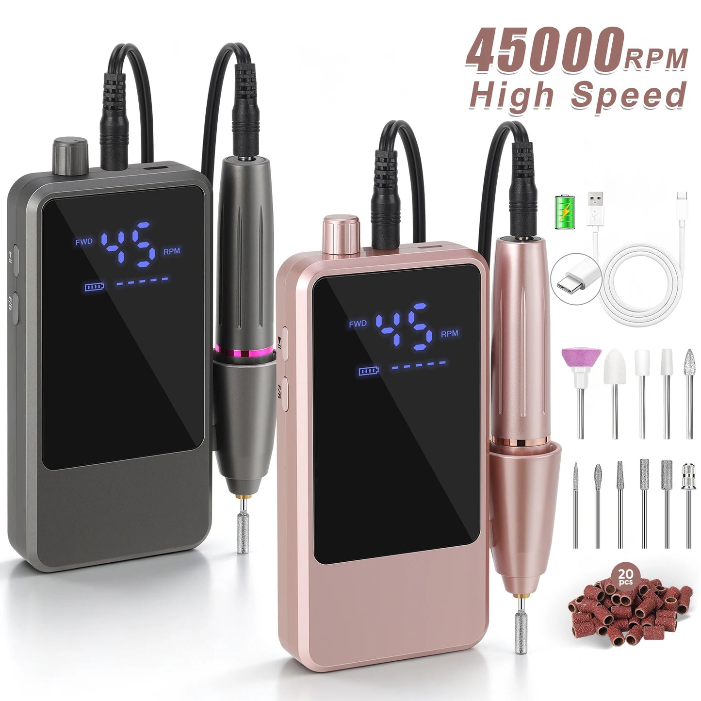 45000RPM Nail Drill USB Type C Electric Machine Portable Nail Polisher with LCD Display Electric Nail Polisher with 1600mAh Nail Tools Outdoor Travel Home Use Manicure Nails Care Supplies