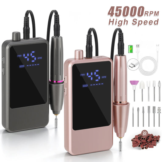 45000RPM Nail Drill USB Type C Electric Machine Portable Nail Polisher with LCD Display Electric Nail Polisher with 1600mAh Nail Tools Outdoor Travel Home Use Manicure Nails Care Supplies