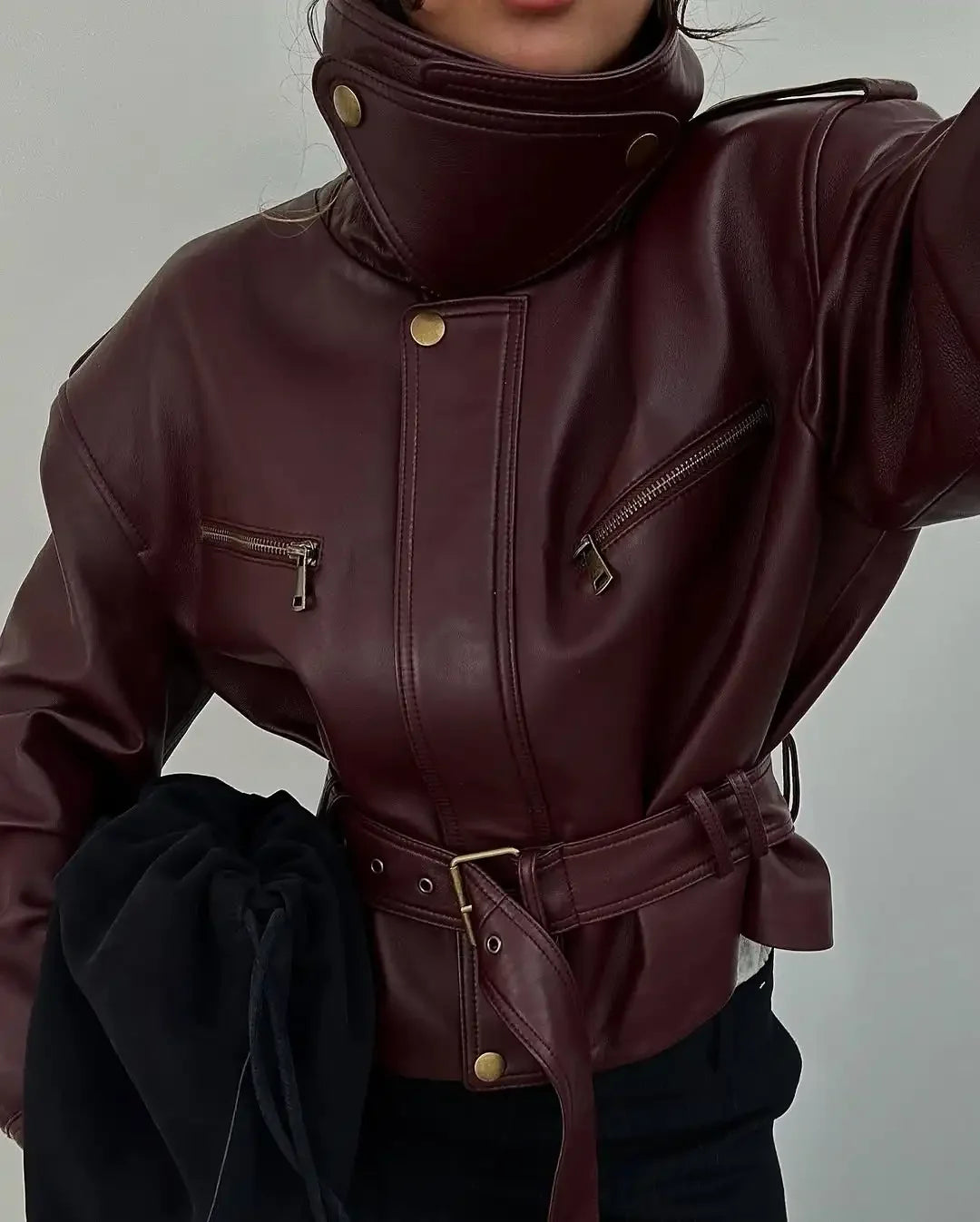UK Size Women Solid Burgundy Waist Cinching Jacket Fashion Lace Up Stand Collar Zipper Bucket Short Jackets Lady High Street Coat