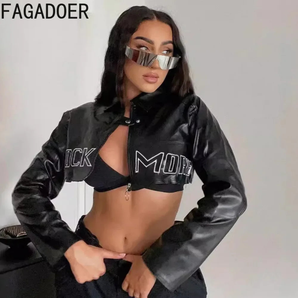 NEW Arrivals Black/Pink  Y2K Punk Gothic Leather Jacket Women Cropped Lapel Letter Embroidery Moto Jackets Coat Short Female Streetwear Night Club Mini Jacket Evening Rave Party Girls Casual Fashion Clothing Supplies