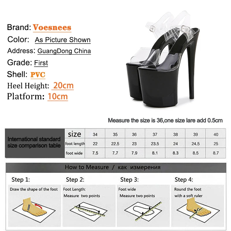 Super High Women's Sandals Transparent Surface Buckle 20cm Heel 10cm Platform Women's Shoes Large Size 43 Wedding Dress Shoes