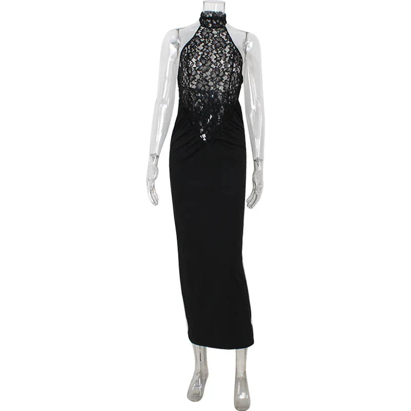 Lace Patchwork Sexy Dresses For Women Fashion Sexy Evening Party Night Clubwear Prom Solid Sleeveless Tank Sheath Hip Wrap Long Dress Female Elegant Maxi Gown