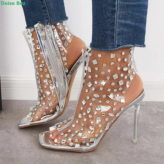 Clear PVC Peep Toe Boots Slingback Zipper Rhinestone Transparent  Ankle-high Thin High Heel Fashion Spring And Autumn Shoes