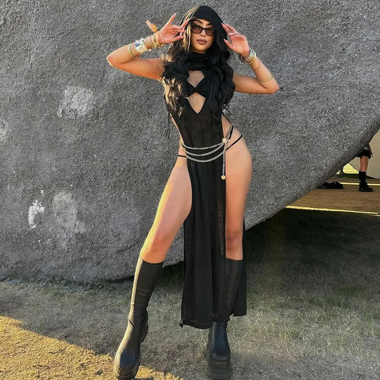 NEW Arrivals UK Size Sexy Punk Gothic Dress Women Vintage Streetwear Cyber Y2K Mesh Hollow Out Sleeveless Hooded Cut Out Butt Dress EMO Alt Grunge Clothes