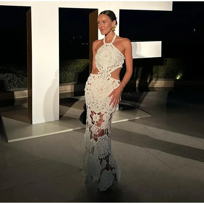 NEW Arrivals S(8) -XL(16-18) UK Size Sexy Handmade Crochet Floral Hollow Out Long Dress Women Halter Backless Lace Up Female Evening Beach Party Dresses Summer Lady Holiday Party Maxi Gown
