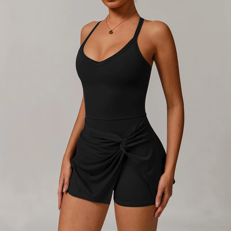 S-XL 5 Colors Women Tennis Dress with Shorts Underneath Workout Dress with Built-in Bra Deep V Neck Athletic Dresses Golf Dress