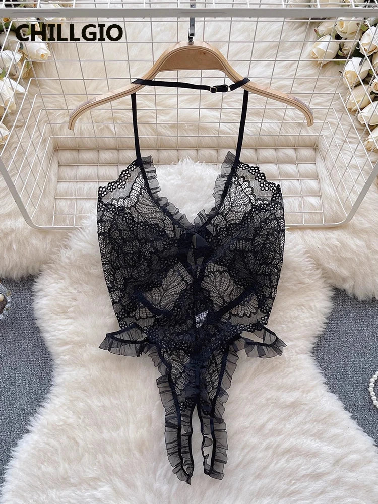 Women Transparent Lace Halter Bodysuit Fashion Erotic Bodycon Ruffle Catsuit One Piece Sexy Combination Onesie Lingerie