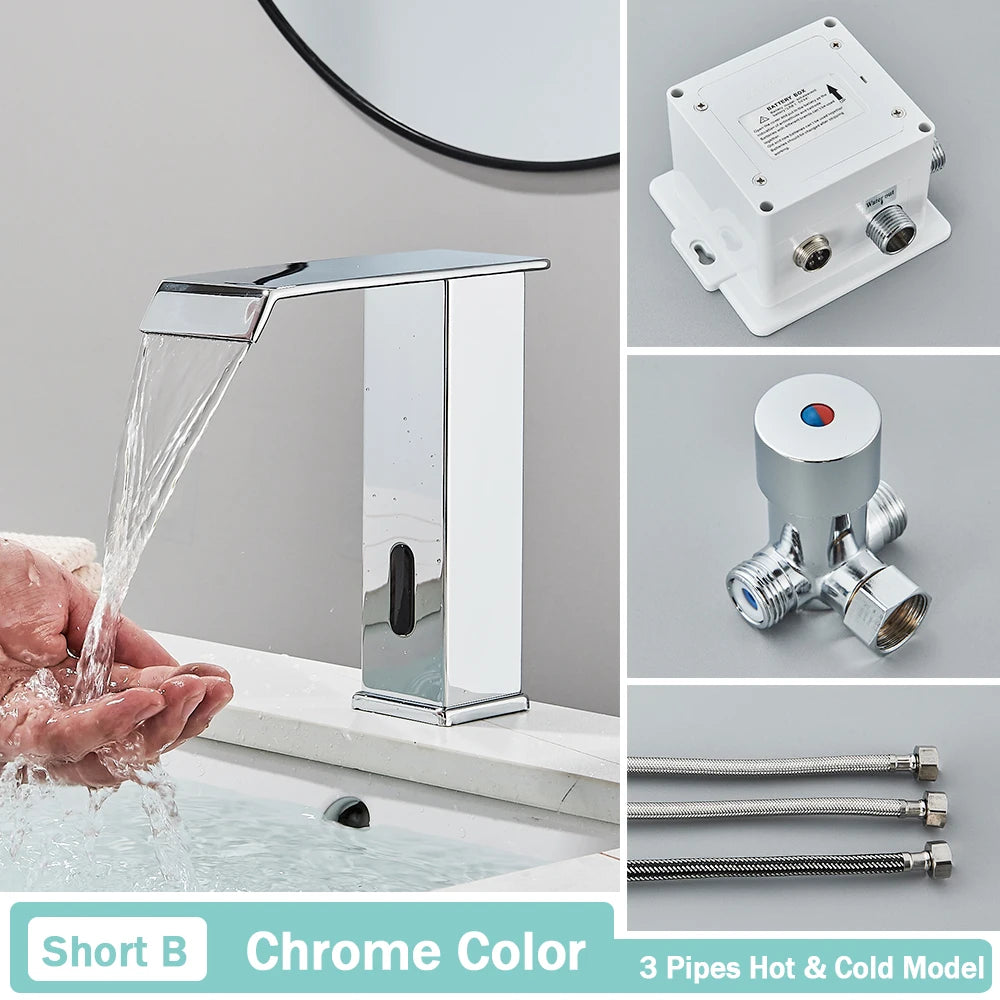 NEW Silver/Gold/ Black Color Luxury Smart Motion Sensor Bathroom Basin Faucet Touchless Automatic Sense Mixer Tap Waterfall Hot Cold Water Washbasin Crane Home Bathroom Accessories