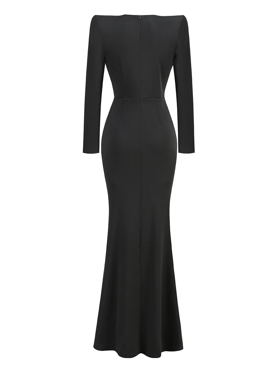 VC Black Maxi Dresses Women Sexy Deep V Neck Long Sleeves Gowns Runway Party Wear Spring New Fashion