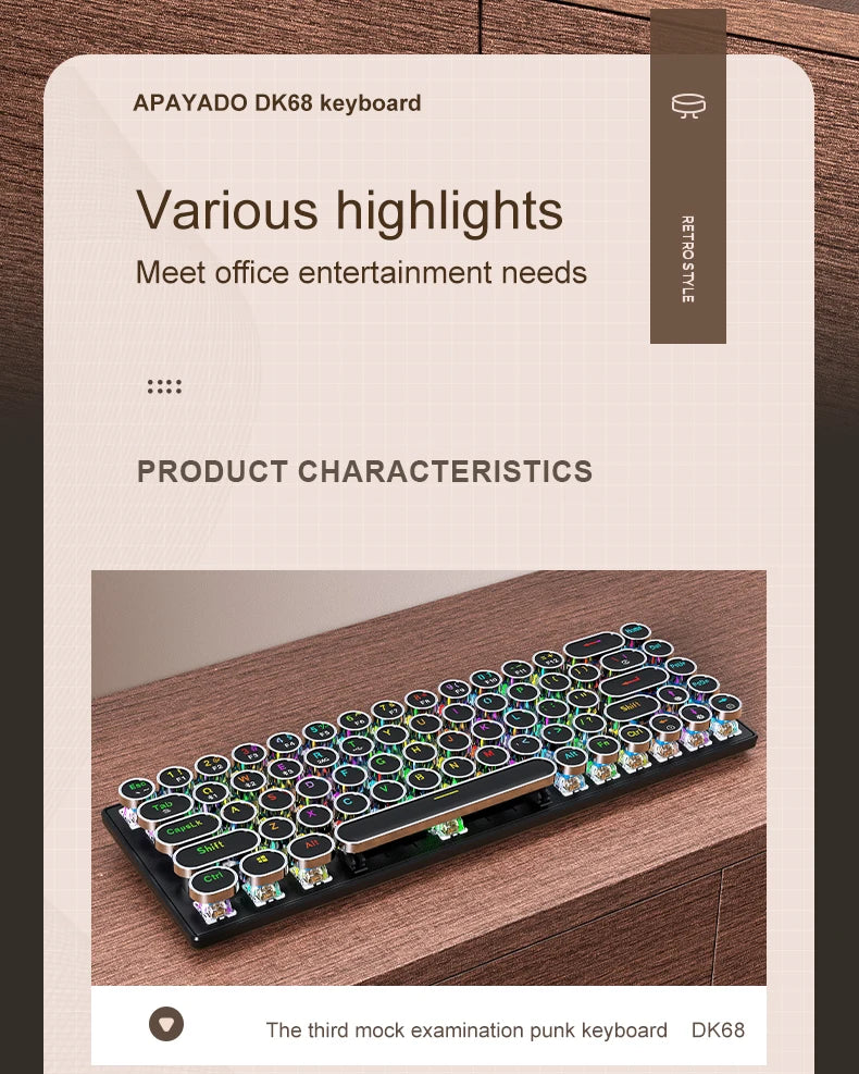DK68 Punk Mechanical  Magic Keyboard Wireless APAYADO Dynamic RGB Lighting,68Keys Bluetooth Tri-Mode Connection,Full-key Hot-Swap Computer Laptop Accessories Supplies Electronics Products