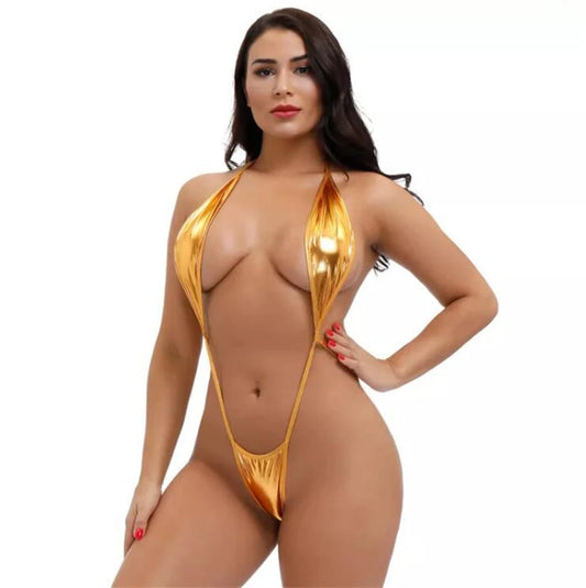 Women Exotic Shiny Teddies Halter Lace-Up Deep V Backless Lingerie Suit Micro Thong Bikini Set One-piece Swimsuit Sexy Beachwear