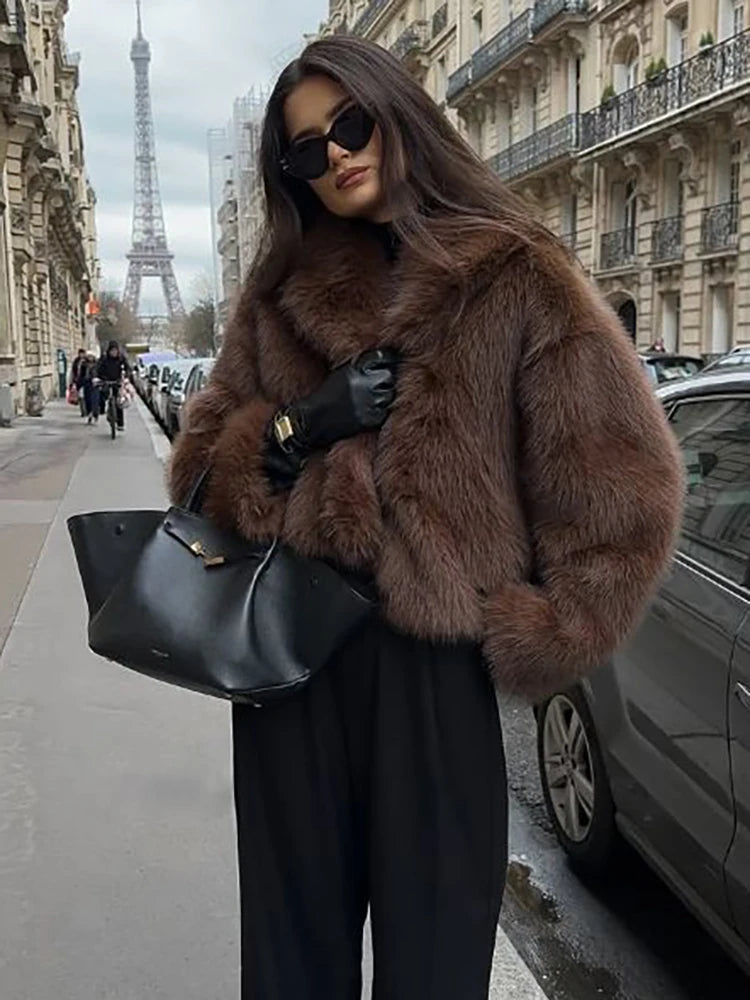 Black/Brown Color Fashion Faux Fur Coat Women's Lapel Loose Long Sleeve Thick Plush Warm Short Jackets Winter New 7A914