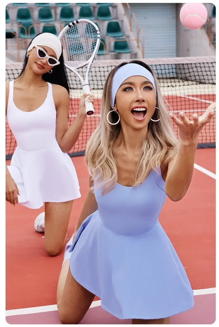 Tennis Dress One-Pieces Jumpsuits Slim Fit Sports Fitness Golf Badminton Skorts Back Cross Tracksuits with Chest Pads Yoga Suits