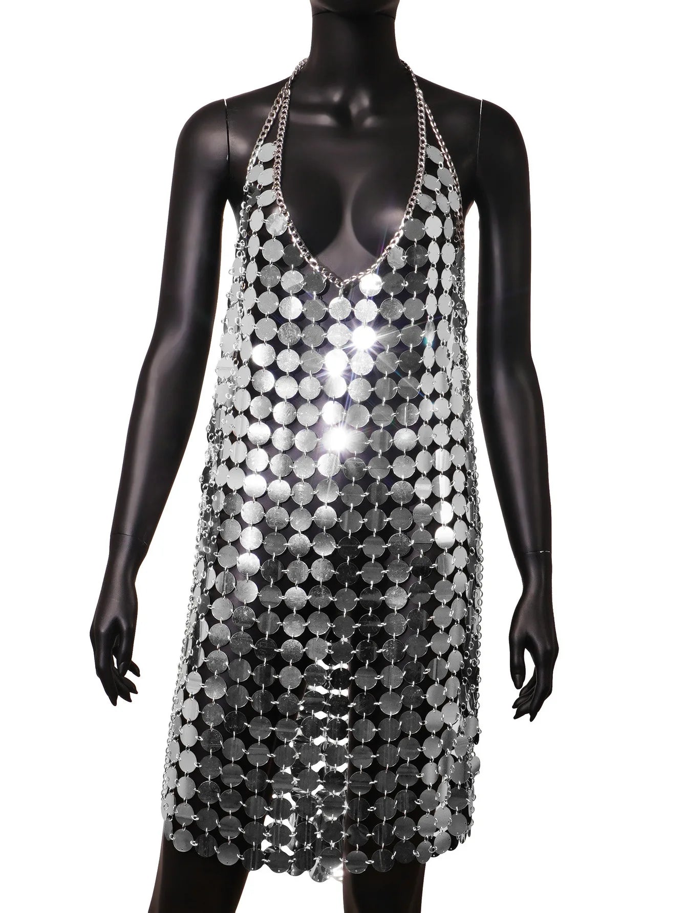 4 Colors Women's Sexy Hot Sequin Chain See Through Mini Dress Halter V-Neck Backless Bodycon Evening Party Dress For Club Night Out Sexy Mini Dress