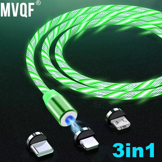 NEW Arrivals 3in1 Set Magnetic Flow Luminous Lighting Charging Mobile Phone Cables Cord Charger Wire for Xiaomi LED Micro USB C for iPhone Samsung Mobile Phones Accessories