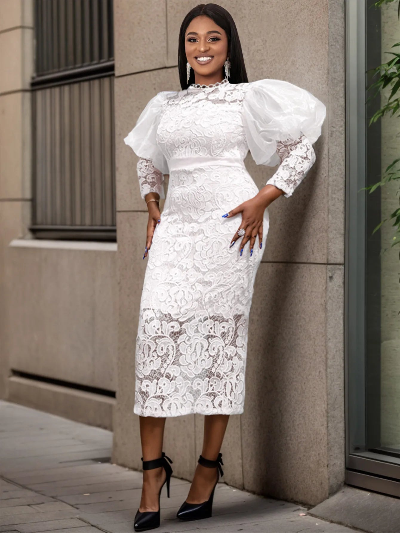 NEW Arrivals UK S-3XL Size African Women Dress Long Dresses Lace Floral Slim Fit Party Puff Sleeve Round Neck Sheath Sexy Gown Tight Waist Elegant Splice Formal Gown