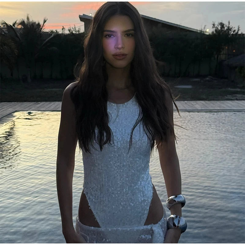 NEW Arrivals UK Size Sequins Glitter Skirt Set Woman New Summer Sexy Sleeveless Tank Jumpsuits + Ribbon Side Split Long Skirts Party Holiday Sets Evening Beach Party Night Club Outfit