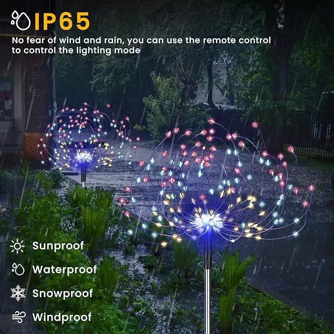 NEW 2PCS Set Solar Outdoor Firework Lights 200 LED Waterproof 2 Modes Decorative Sparkles Stake Landscape Light for Party Garden Footpath Lighting Accessories