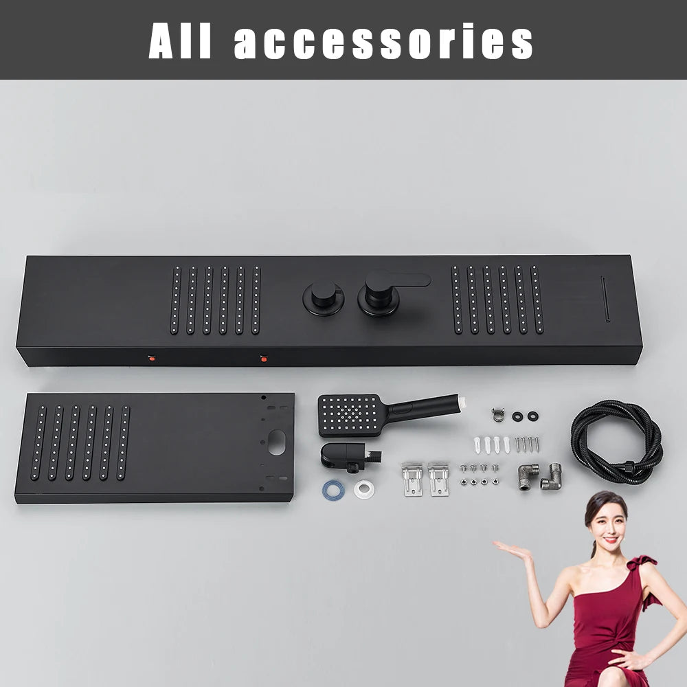 Silver Nickel and Black Color Luxury Massage Spa Shower Column LED Lights Rainfall Bathroom Faucet with Massage Jet Bath Panel System  5 Modes Waterfall Hot Cold Mixer Tap Home Hotels Bathroom Supplies