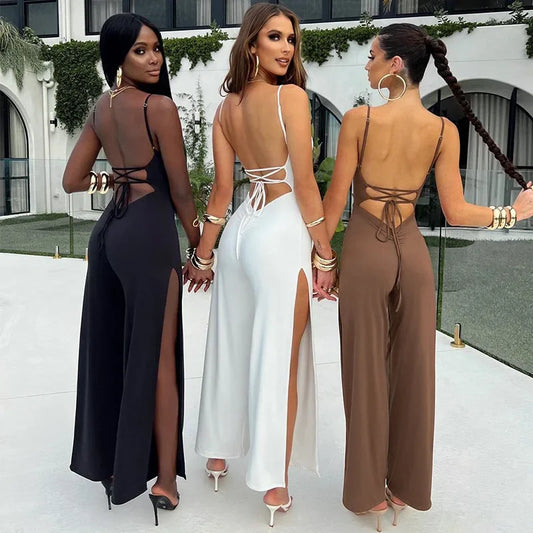 NEW Arrivals Sexy Backless Long Pants Skirt One-Piece Women's Independent Station New Pure Color Slit Strapless Bandage Jumpsuit Female Sexy Fashion Clothing Supplies