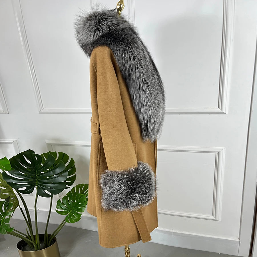 NEW Arrivals S-4XL 4 Colors Women 100% Cashmere Cardigan With Fur Natural Silver Fox Fur Coat Long Wool Blends Coat Fur Collar Cuffs Winter Evening Party Outerwear Ladies Luxury Fashion Apparel Products
