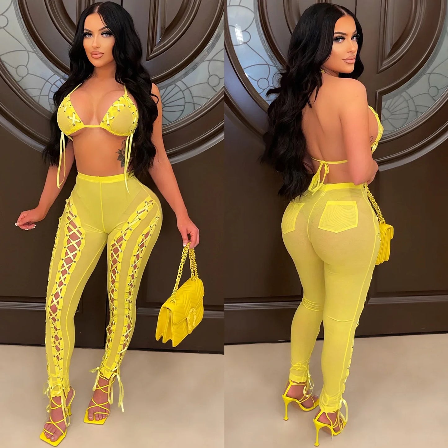 NEW 2 PCS Set  Fashion Women's Sexy Solid Color Mesh Perspective Hollow Sleeveless Tank Top Pants Sexy Evening Party Night Clubwear See Through Suit