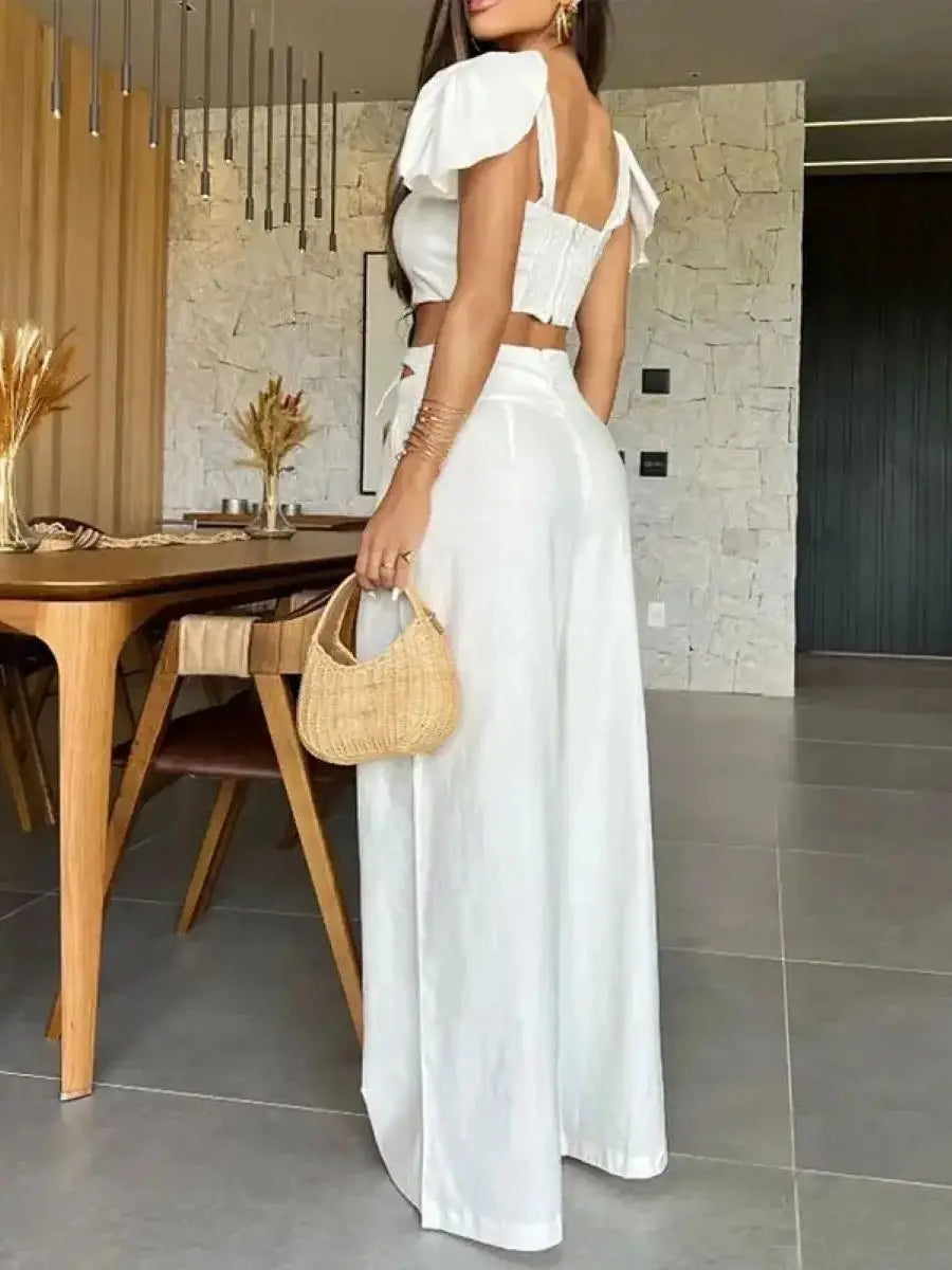 Summer Elegant Solid Women Two Piece Set With Pants Deep V Square Collar Sexy Short Top Wide Leg Pants Suit Office Lady Clothing