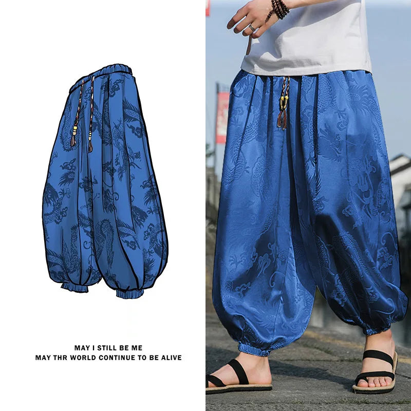 FGKKS 2023 Outdoor Brand Pants For Men Lce Silk Dragon Dark Flower Loose Bloomers High Quality Wide Leg Casual Trousers Male