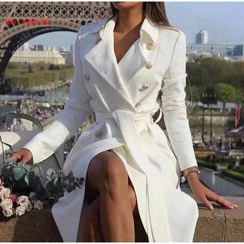 NEW Arrivals S-3XL Red/Black/Khaki/White Double Breasted White Trench Coat Women Winter Vintage Jacket Slim Trench Female Lapel Solid Office Ladies Trench Dress Coat Ladies Luxury Fashion Clothing Supplies